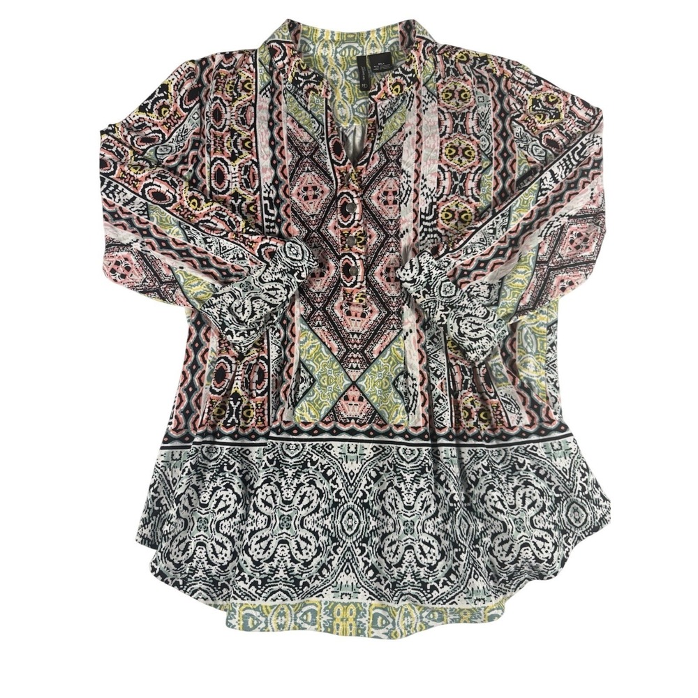 New Directions Petite‎ PM Multicolor Boho Print Tunic Top 3/4 Sleeve V-Neck
